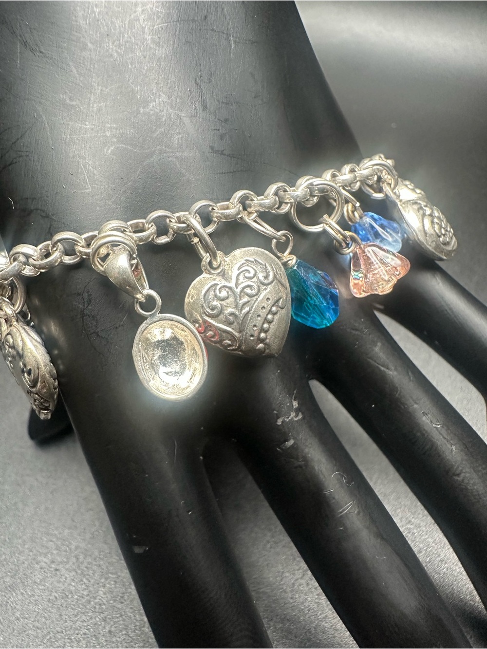 Vintage Sterling Loaded Charm Bracelet w/ Religious Medal, 15+ Charms, 7.5”